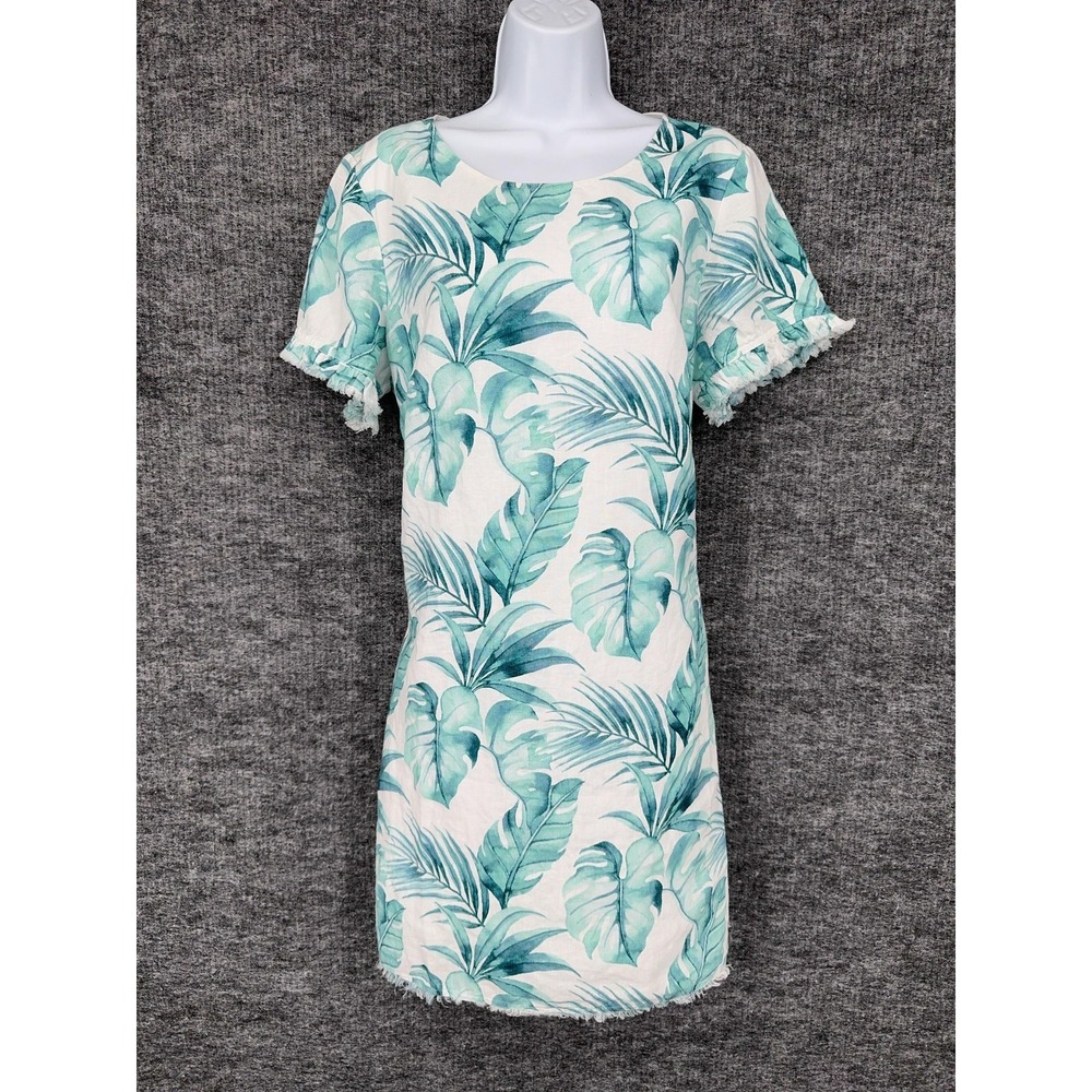 Tommy Bahama Dress Womens M Green Tropical Leaf Linen Shift Fringe Hem Short